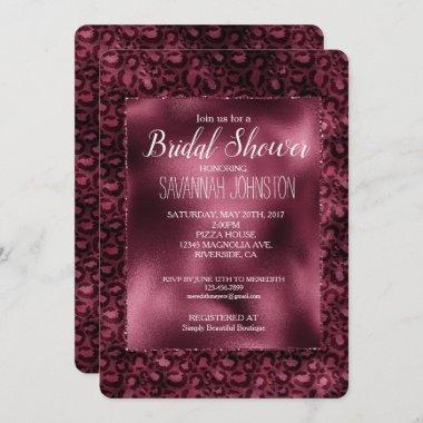 Glam Burgundy Leopard Print Bridal Shower Invitations