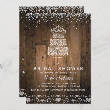 Glam Diamond Bling Cake Tiara & Wood Bridal Shower Invitations
