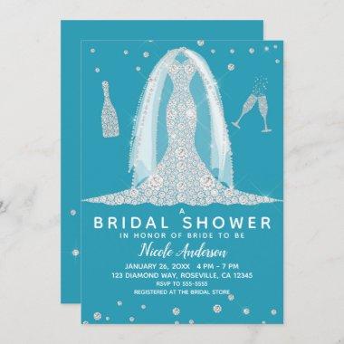 Glam Diamond Wedding Dress Teal Bridal Shower Invitations