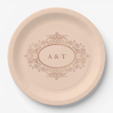 Glam Faux Rose Gold on Blush Pink Wedding Monogram Paper Plates