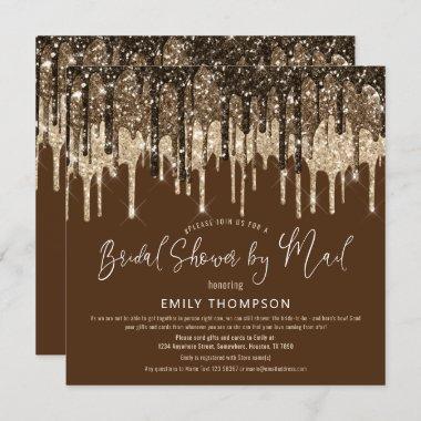 Glam Glitter Drip Gold Brown Bridal Shower by Mail Invitations