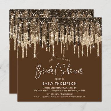 Glam Glitter Drips Gold Brown Script Bridal Shower Invitations