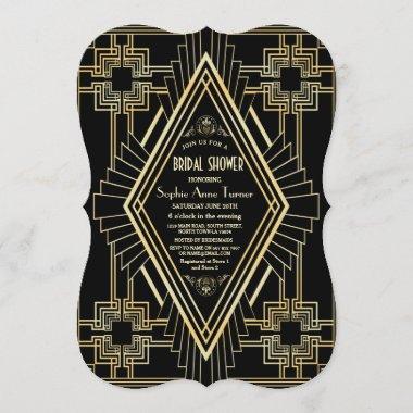 Glam Gold and Black Great Gatsby Bridal Shower Invitations