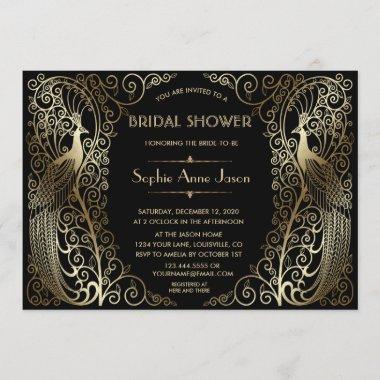 Glam Gold Art Deco Peacocks Bridal Shower Invitations