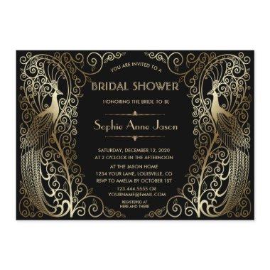 Glam Gold Art Deco Peacocks Bridal Shower Invitations