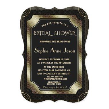 Glam Gold Great Gatsby Art Deco 20s Bridal Shower Invitations