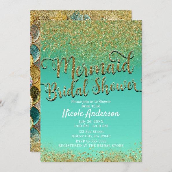 Glam Mermaid Bridal Shower Gold Glitter & Teal Invitations