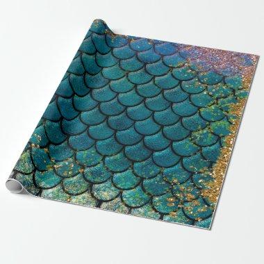 Glam Mermaid Fish Scales Teal Purple Gold Sparkle Wrapping Paper