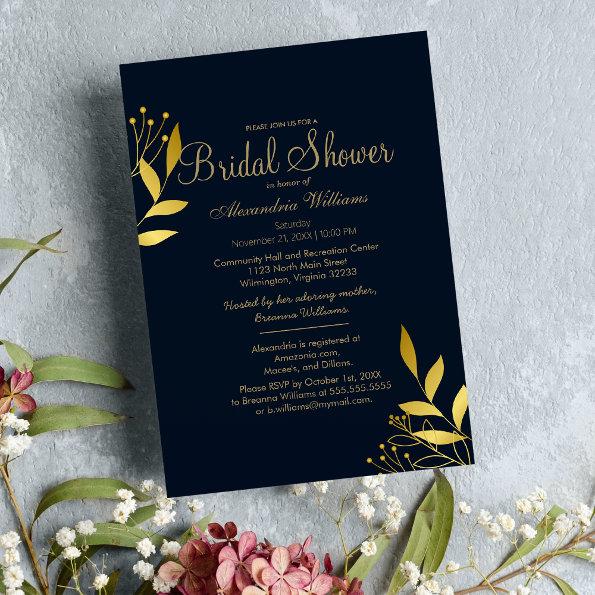 Glam navy blue gold glam foliage Bridal Shower Invitations