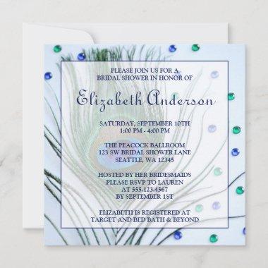 Glam Peacock Feather Blue Bridal Shower Invitations