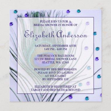 Glam Peacock Feather Purple Bridal Shower Invitations