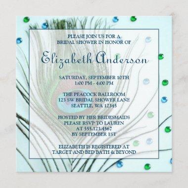 Glam Peacock Feather Teal Bridal Shower Invitations