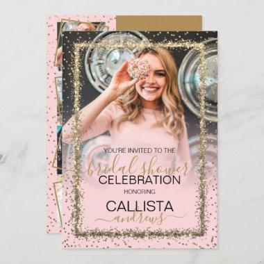 Glam Pink Gold Confetti Border Photo Bridal Shower Invitations