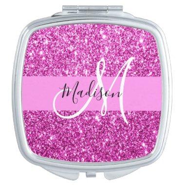 Glam Pink & Magenta Glitter Sparkle Monogram Name Compact Mirror