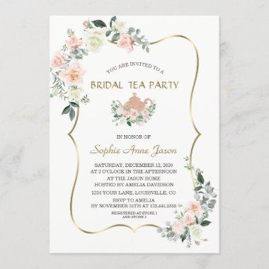 Glam Pink White Floral Gold Frame Bridal Tea Party Invitations