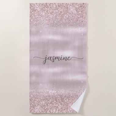 Glam Rose Gold Glitter Monogram Name Girly Script Beach Towel