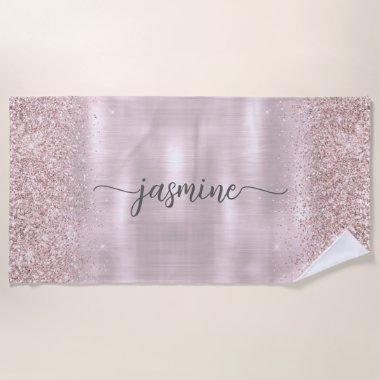 Glam Rose Gold Glitter Monogram Name Girly Script Beach Towel