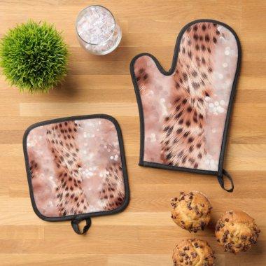 Glam Rose Gold Leopard Oven Mitt & Pot Holder Set