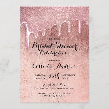 Glam Rose Gold Thick Glitter Drips Bridal Shower Invitations