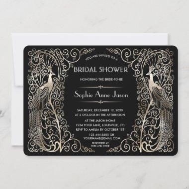 Glam Silver Art Deco Peacocks Bridal Shower Invitations
