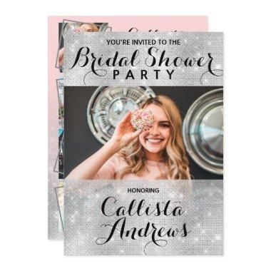 Glam Silver Glitter Sequins Photo Bridal Shower Invitations