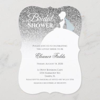 Glam Silver Glitter with White Dress Bridal Shower Invitations