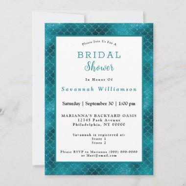 Glam Teal Mermaid Scales Bridal Shower Invitations