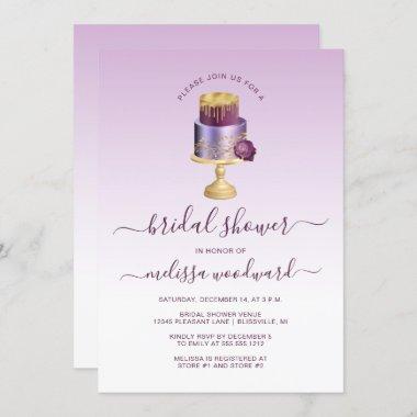 Glam Wedding Cake Purple Gold Bridal Shower Invitations
