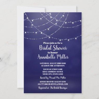 Glam White Fairy Lights Blue Bridal Shower Invitations
