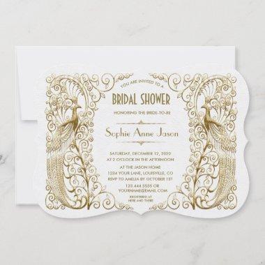 Glam White Gold Art Deco Peacocks Bridal Shower Invitations