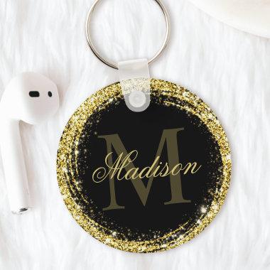Glamorous Black Gold Glitter Monogram Name Keychain