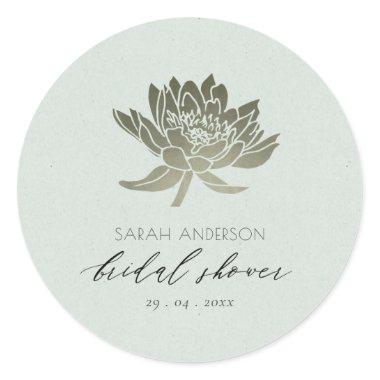 GLAMOROUS BLUE SILVER LOTUS FLORAL BRIDAL SHOWER CLASSIC ROUND STICKER