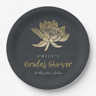 GLAMOROUS GOLD BLACK LOTUS FLORAL BRIDAL SHOWER PAPER PLATES