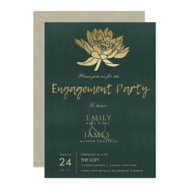 GLAMOROUS GOLD DARK GREEN LOTUS FLORAL ENGAGEMENT Invitations