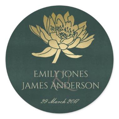 GLAMOROUS GOLD DARK GREEN LOTUS FLORAL MONOGRAM CLASSIC ROUND STICKER