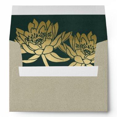 GLAMOROUS GOLD DARK GREEN LOTUS FLORAL MONOGRAM ENVELOPE