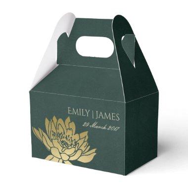 GLAMOROUS GOLD DARK GREEN LOTUS FLORAL MONOGRAM FAVOR BOXES