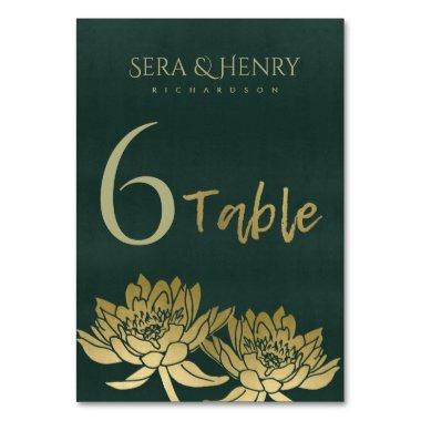 GLAMOROUS GOLD DARK GREEN LOTUS FLORAL TABLE TABLE NUMBER