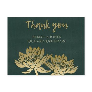 GLAMOROUS GOLD DARK GREEN LOTUS FLORAL THANK YOU POSTInvitations