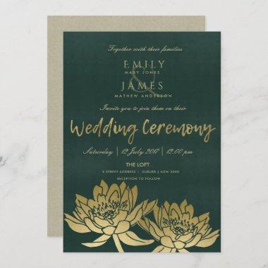 GLAMOROUS GOLD DARK GREEN LOTUS FLORAL WEDDING Invitations