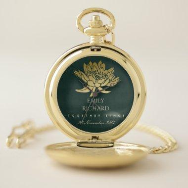 GLAMOROUS GOLD DARK GREEN LOTUS SAVE THE DATE GIFT POCKET WATCH