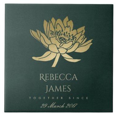 GLAMOROUS GOLD DARK GREEN LOTUS SAVE THE DATE GIFT TILE