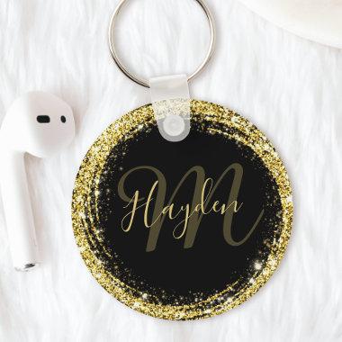 Glamorous Gold Glitter Monogram Name Black Keychain