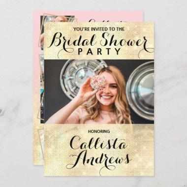 Glamorous Gold Glitter Sequins Photo Bridal Shower Invitations