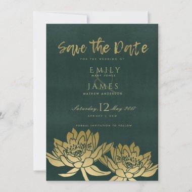 GLAMOROUS GOLD GREEN LOTUS FLORAL SAVE THE DATE