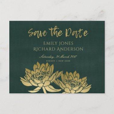 GLAMOROUS GOLD GREEN LOTUS FLORAL SAVE THE DATE ANNOUNCEMENT POSTInvitations