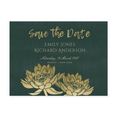 GLAMOROUS GOLD GREEN LOTUS FLORAL SAVE THE DATE ANNOUNCEMENT POST