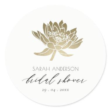 GLAMOROUS GOLD WHITE LOTUS FLORAL BRIDAL SHOWER CLASSIC ROUND STICKER