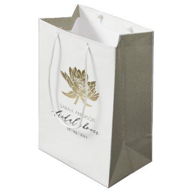 GLAMOROUS GOLD WHITE LOTUS FLORAL BRIDAL SHOWER MEDIUM GIFT BAG