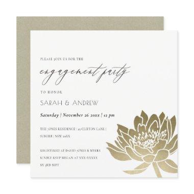 GLAMOROUS GOLD WHITE LOTUS FLORAL ENGAGEMENT Invitations